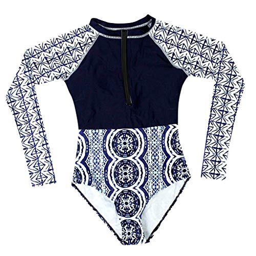 Trajes de Baño de Una Pieza para Mujer, Dragon868 Retro Floral Impresión Bañador Deportivo, Bikini Bañadores de Cintura Alta, de Traje de Surf Buceo de Manga Larga Swimwear, S-XL