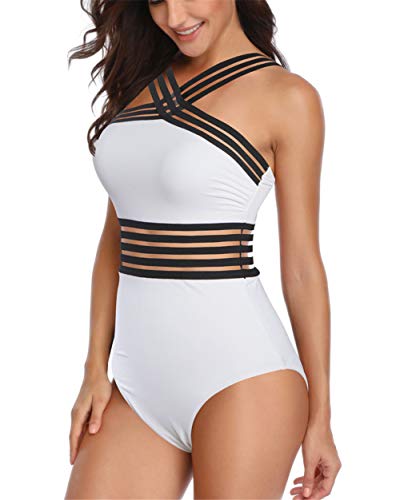 Trajes de Baño Mujer,Bikini de Rayas Monokini Traje de Baño de una Pieza Talla Grande Banadores Natacion Reductores Trikinis Push Up,Blanco,M