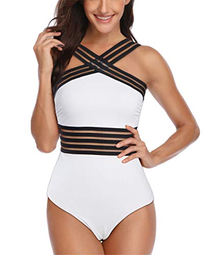 Trajes de Baño Mujer,Bikini de Rayas Monokini Traje de Baño de una Pieza Talla Grande Banadores Natacion Reductores Trikinis Push Up,Blanco,M