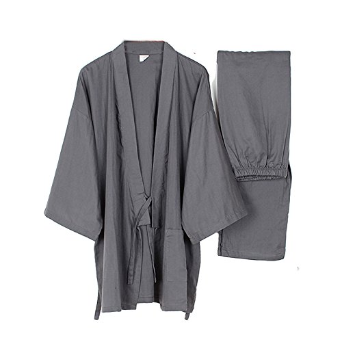 Trajes de estilo japonés de los hombres Pijamas de Kimono de algodón puro flojo traje gris