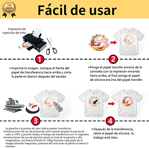 TransOurDream Real - Papel de Transferencia Térmica Para Camisetas Blancas y Tejidos Claros（A4x5 Hojas）Fácil de Usar, Sin impresión de Espejo,Compatible con Impresoras de Inyección de Tinta, ES-2-5