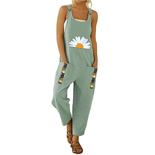 Treer Mujer Peto de Pantalones Largos Casual Verano Mono Suelto Moda Margarita Bolsillos Tiras Fiesta Pantalones de Babero Jumpsuit Playa Fiesta Pantalón (Gris Azul,L)