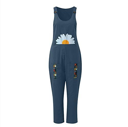 Treer Mujer Peto de Pantalones Largos Casual Verano Mono Suelto Moda Margarita Bolsillos Tiras Fiesta Pantalones de Babero Jumpsuit Playa Fiesta Pantalón (Azul Marino,L)