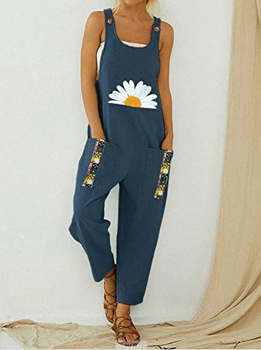 Treer Mujer Peto de Pantalones Largos Casual Verano Mono Suelto Moda Margarita Bolsillos Tiras Fiesta Pantalones de Babero Jumpsuit Playa Fiesta Pantalón (Azul Marino,L)