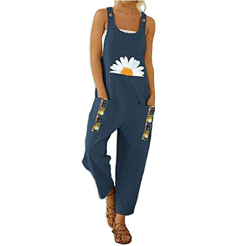 Treer Mujer Peto de Pantalones Largos Casual Verano Mono Suelto Moda Margarita Bolsillos Tiras Fiesta Pantalones de Babero Jumpsuit Playa Fiesta Pantalón (Azul Marino,L)