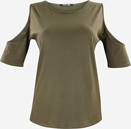 trueprodigy Casual Mujer Marca Camiseta Basico Ropa Retro Vintage Rock Vestir Moda Cuello Redondo Manga Corta Slim Fit Designer Fashion T-Shirt, Colores:Olive, Tamaño:XS