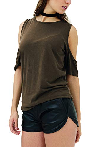 trueprodigy Casual Mujer Marca Camiseta Basico Ropa Retro Vintage Rock Vestir Moda Cuello Redondo Manga Corta Slim Fit Designer Fashion T-Shirt, Colores:Olive, Tamaño:XS