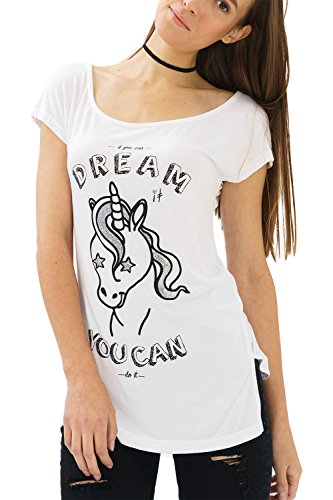 trueprodigy Casual Mujer Marca Camiseta con impresión Estampada Ropa Retro Vintage Rock Vestir Moda Cuello Redondo Manga Corta Slim Fit Designer Fashion T-Shirt, Colores:White, Tamaño:L