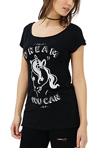 trueprodigy Casual Mujer Marca Camiseta con impresión Estampada Ropa Retro Vintage Rock Vestir Moda Cuello Redondo Manga Corta Slim Fit Designer Fashion T-Shirt, Colores:Black, Tamaño:M