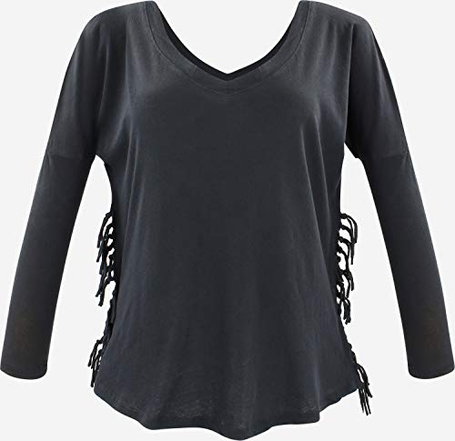 trueprodigy Casual Mujer Marca Camiseta Manga Larga Basico Ropa Retro Vintage Rock Vestir Moda Cuello V Slim Fit Designer Fashion Shirt, Colores:Black, Tamaño:XL