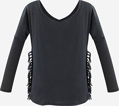 trueprodigy Casual Mujer Marca Camiseta Manga Larga Basico Ropa Retro Vintage Rock Vestir Moda Cuello V Slim Fit Designer Fashion Shirt, Colores:Black, Tamaño:XL