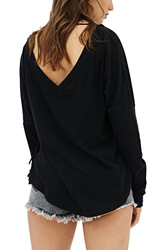 trueprodigy Casual Mujer Marca Camiseta Manga Larga Basico Ropa Retro Vintage Rock Vestir Moda Cuello V Slim Fit Designer Fashion Shirt, Colores:Black, Tamaño:XL