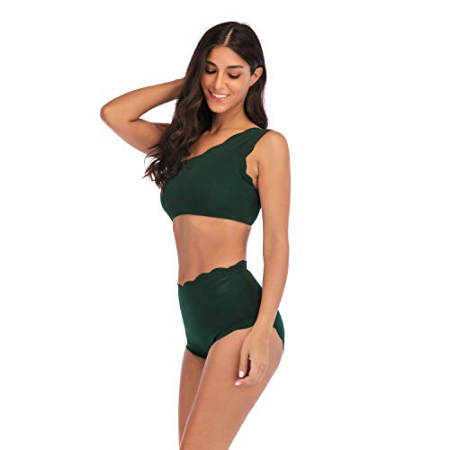 TSWRK Guisado Al Gratén Corte Alto Vendimia Uno Hombro Dos Piezas Trajes de Baño Conjunto de Bikini (Verde, L)