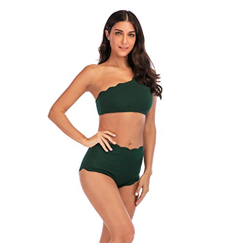 TSWRK Guisado Al Gratén Corte Alto Vendimia Uno Hombro Dos Piezas Trajes de Baño Conjunto de Bikini (Verde, L)