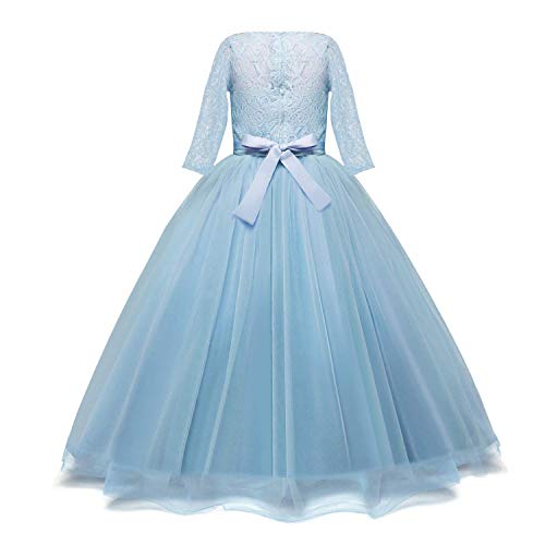 TTYAOVO Chicas Princesa Flor Vestir Largo Pelota Vestido Cordón Cumpleaños Vestidos 6-7 años(Talla130) 378 Azul