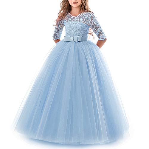 TTYAOVO Chicas Princesa Flor Vestir Largo Pelota Vestido Cordón Cumpleaños Vestidos 6-7 años(Talla130) 378 Azul