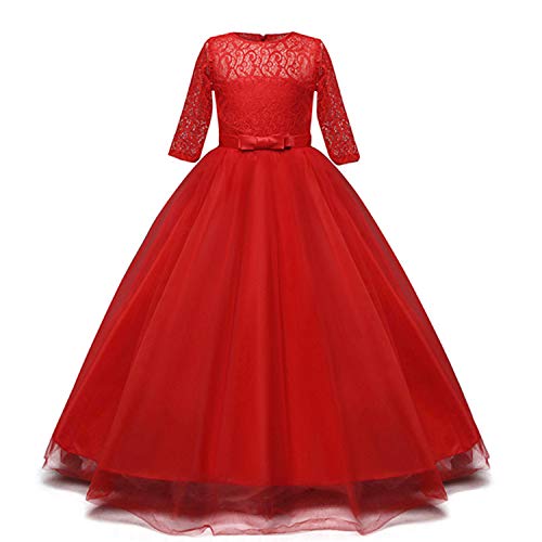 TTYAOVO Chicas Princesa Flor Vestir Largo Pelota Vestido Cordón Cumpleaños Vestidos 6-7 años(Talla130) 378 Rojo