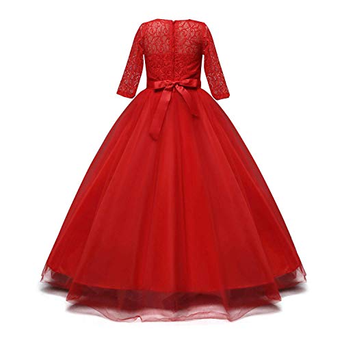 TTYAOVO Chicas Princesa Flor Vestir Largo Pelota Vestido Cordón Cumpleaños Vestidos 6-7 años(Talla130) 378 Rojo