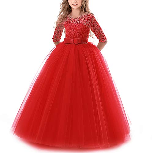 TTYAOVO Chicas Princesa Flor Vestir Largo Pelota Vestido Cordón Cumpleaños Vestidos 6-7 años(Talla130) 378 Rojo