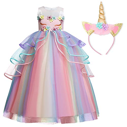 TTYAOVO Chicas Unicornio Fancy Vestido Princesa Flor Desfile de Niños Vestidos sin Mangas Volantes Vestido de Fiesta Talla(140) 7-8 años 719 Rosa