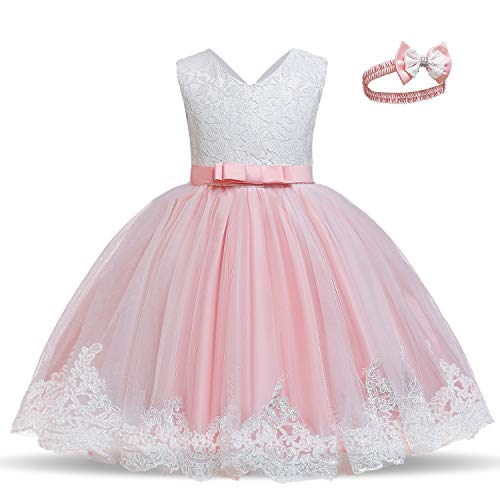TTYAOVO Vestido de Fiesta de Encaje de Dama de Honor de la Boda de la Princesa de Las Niñas Tamaño(120) 4-5 Años 06 Rosa