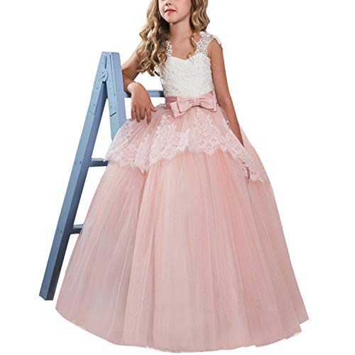 TTYAOVO Vestido de Princesa para Niñas Vestido de Fiesta de Bodas de Dama de Honor de Encaje Floral Vestido de Fiesta Tamaño 130 6-7 Años 02 Rosa