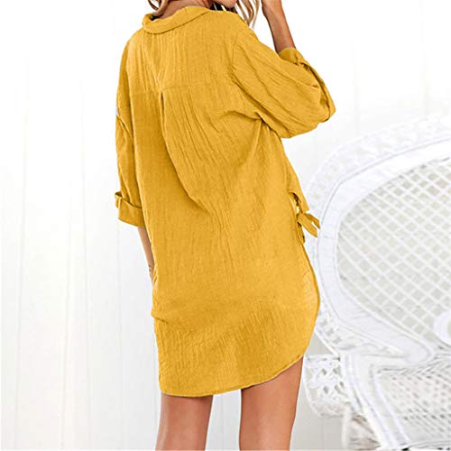 TUDUZ Blusas Mujer Manga Corta Verano Camisa Larga Vestido Botón Tops Casual (Amarillo, L)