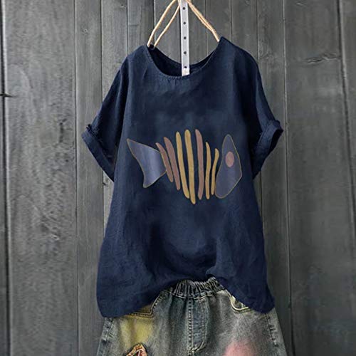 TUDUZ Blusas Mujer Manga Corta Verano Camisas Camiseta de Algodón y Lino con Estampado de Dibujos Animados (Armada.c, XXL)