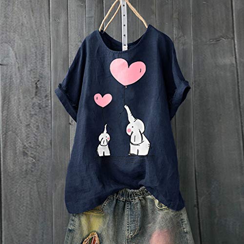 TUDUZ Blusas Mujer Manga Corta Verano Camisas Camiseta de Algodón y Lino con Estampado de Dibujos Animados (Armada.e, XXXXXL)