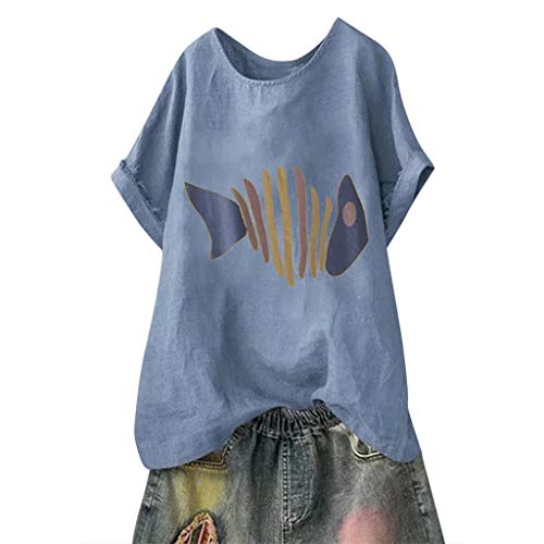 TUDUZ Blusas Mujer Manga Corta Verano Camisas Camiseta de Algodón y Lino con Estampado de Dibujos Animados (Azul.c, XXXL)