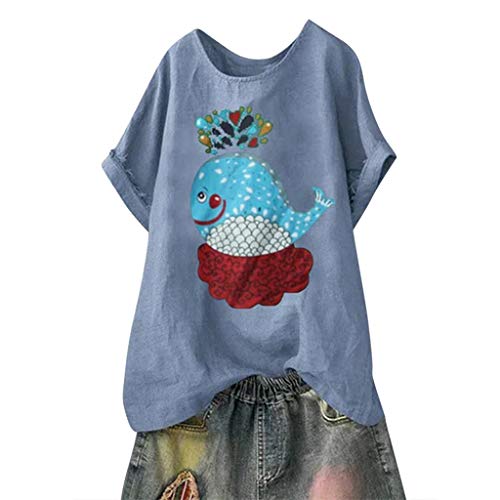 TUDUZ Blusas Mujer Manga Corta Verano Camisas Camiseta de Algodón y Lino con Estampado de Dibujos Animados (Azul.d, XL)