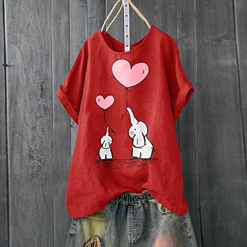 TUDUZ Blusas Mujer Manga Corta Verano Camisas Camiseta de Algodón y Lino con Estampado de Dibujos Animados (Rojo.e, XXXXL)