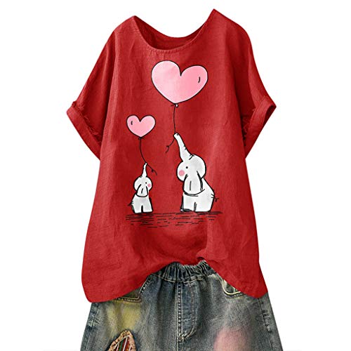 TUDUZ Blusas Mujer Manga Corta Verano Camisas Camiseta de Algodón y Lino con Estampado de Dibujos Animados (Rojo.e, XXXXL)