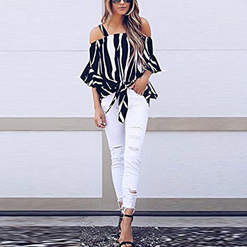 TUDUZ Blusas Mujer Manga Corta Verano Camisas Rayas Fuera del Hombro Camisetas Moda 2019 (Azul, XXL)