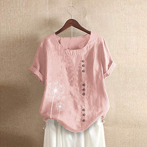 TUDUZ Blusas Mujer Manga Corta Verano Lino Camisas O-Cuello Botón Tops Tamaño M-5XL (Rosado.a, XXXL)