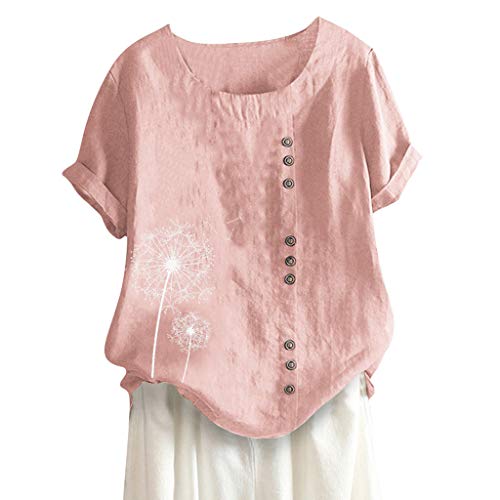 TUDUZ Blusas Mujer Manga Corta Verano Lino Camisas O-Cuello Botón Tops Tamaño M-5XL (Rosado.a, XXXL)