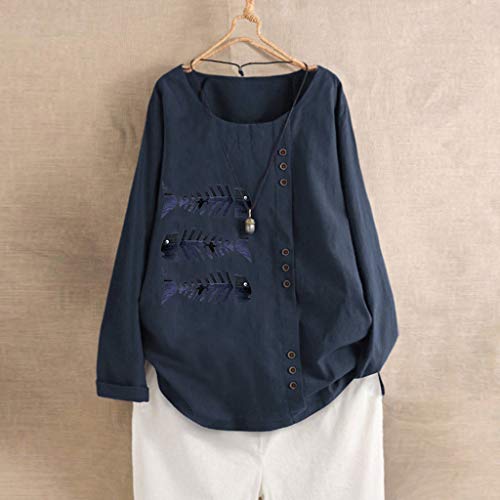 TUDUZ Blusas Mujer Manga Larga Camisas Lino Camisetas Estampado Tops Tallas Grandes S-5XL (ArmadaC, S)