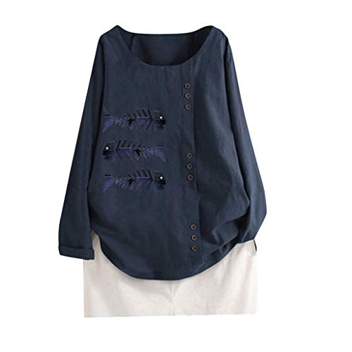 TUDUZ Blusas Mujer Manga Larga Camisas Lino Camisetas Estampado Tops Tallas Grandes S-5XL (ArmadaC, S)