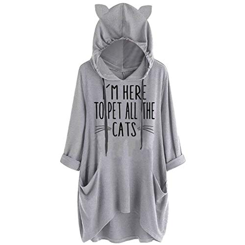 TUDUZ Blusas Mujer Manga Larga Camisas Oreja De Gato con Capucha Camisetas Impresión Tops Bolsillo (Gris.e, XL)