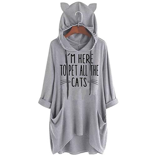 TUDUZ Blusas Mujer Manga Larga Camisas Oreja De Gato con Capucha Camisetas Impresión Tops Bolsillo (Gris.e, XL)