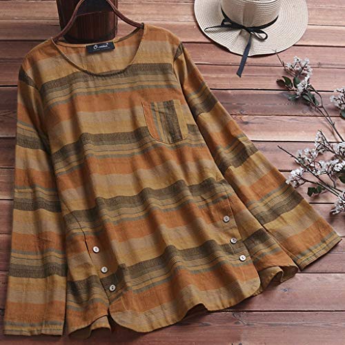 TUDUZ Blusas Mujer Manga Larga Tops Lino Camisas Raya Botón Camisetas Talla Extra (Amarillo.e, XXXXXL)