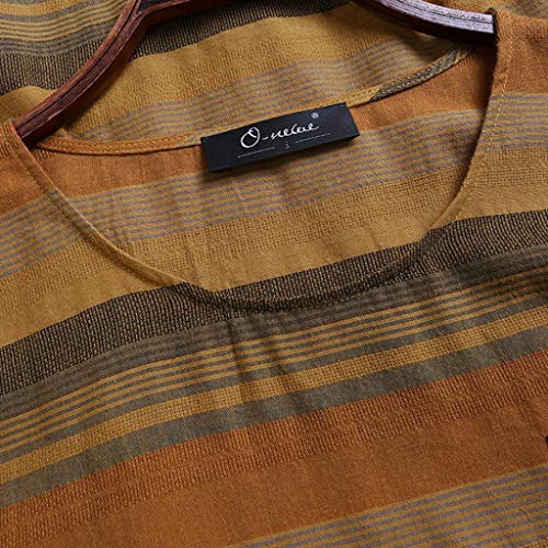 TUDUZ Blusas Mujer Manga Larga Tops Lino Camisas Raya Botón Camisetas Talla Extra (Amarillo.e, XXXXXL)