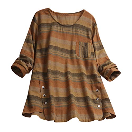 TUDUZ Blusas Mujer Manga Larga Tops Lino Camisas Raya Botón Camisetas Talla Extra (Amarillo.e, XXXXXL)