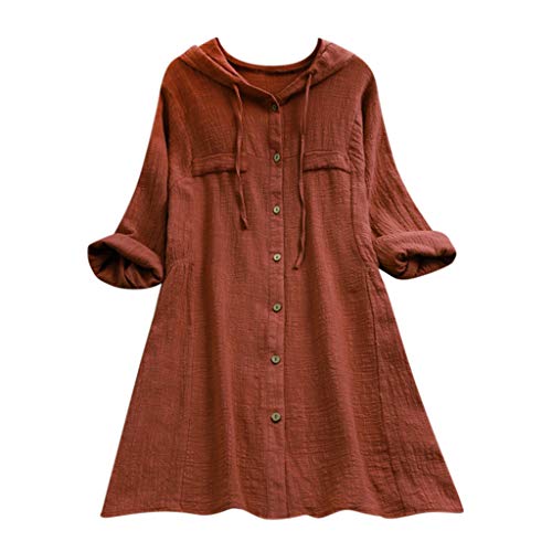 TUDUZ Blusas Mujer Manga Larga Tops Otoño Camisas Lino Camisetas Talla Extra Mini Vestido (café.b, XXL)