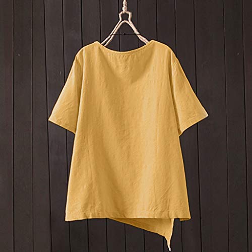 TUDUZ Blusas Mujer Manga Larga Verano Camiseta Casual Loose Linen Plus Size Botón Irregular Tanic Tops (Amarillo, XL)