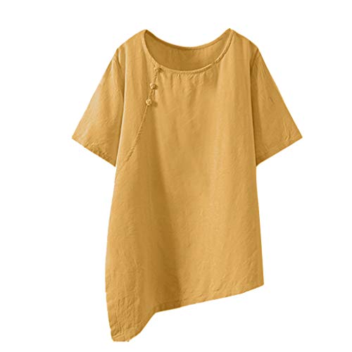 TUDUZ Blusas Mujer Manga Larga Verano Camiseta Casual Loose Linen Plus Size Botón Irregular Tanic Tops (Amarillo, XL)