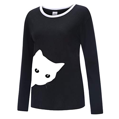TUDUZ Camisas Mujer Manga Larga Blusas Impresión Tops Cuello Redondo Camisetas (Negro.h, M)