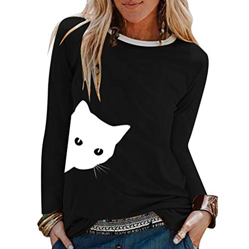 TUDUZ Camisas Mujer Manga Larga Blusas Impresión Tops Cuello Redondo Camisetas (Negro.h, M)