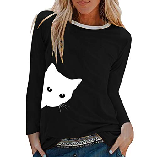 TUDUZ Camisas Mujer Manga Larga Blusas Impresión Tops Cuello Redondo Camisetas (Negro.h, M)
