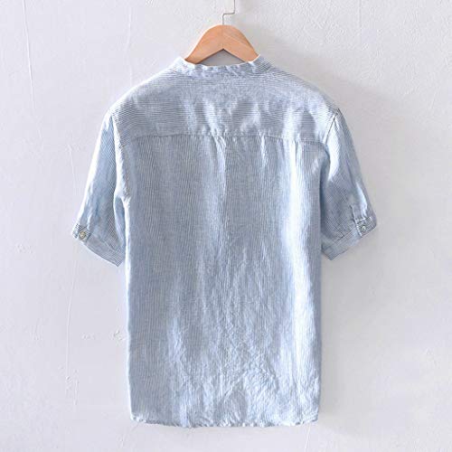 TUDUZ Camisetas Hombre Manga Corta Camisas de Algodón y Lino a Rayas Botón con Bolsillo Superior Top Ropa de Cuello V (Azul L)